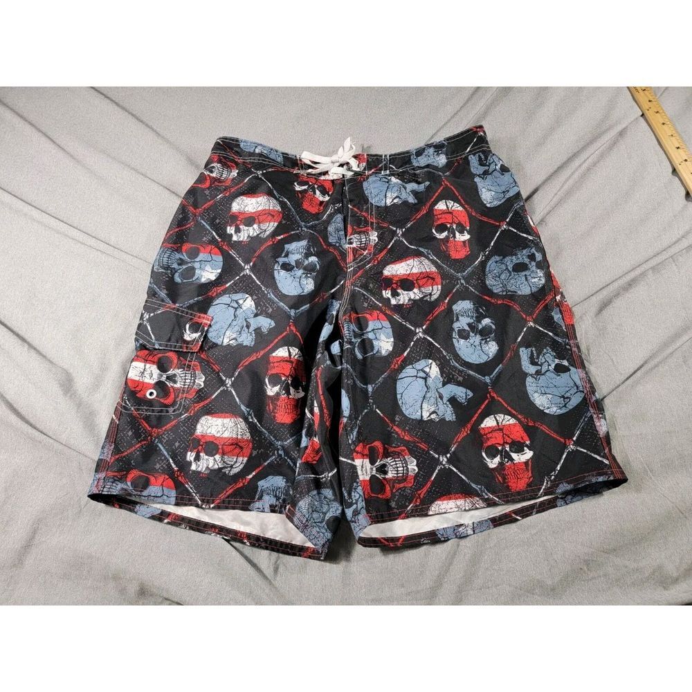 Joe Boxer Swim Trunks Board Shorts Men's Large Mesh lined Patriotic‎ Skull Heads